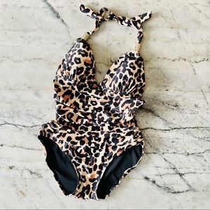 Pin up Leopard safari cheetah animal one piece halter bombshell bathing suit